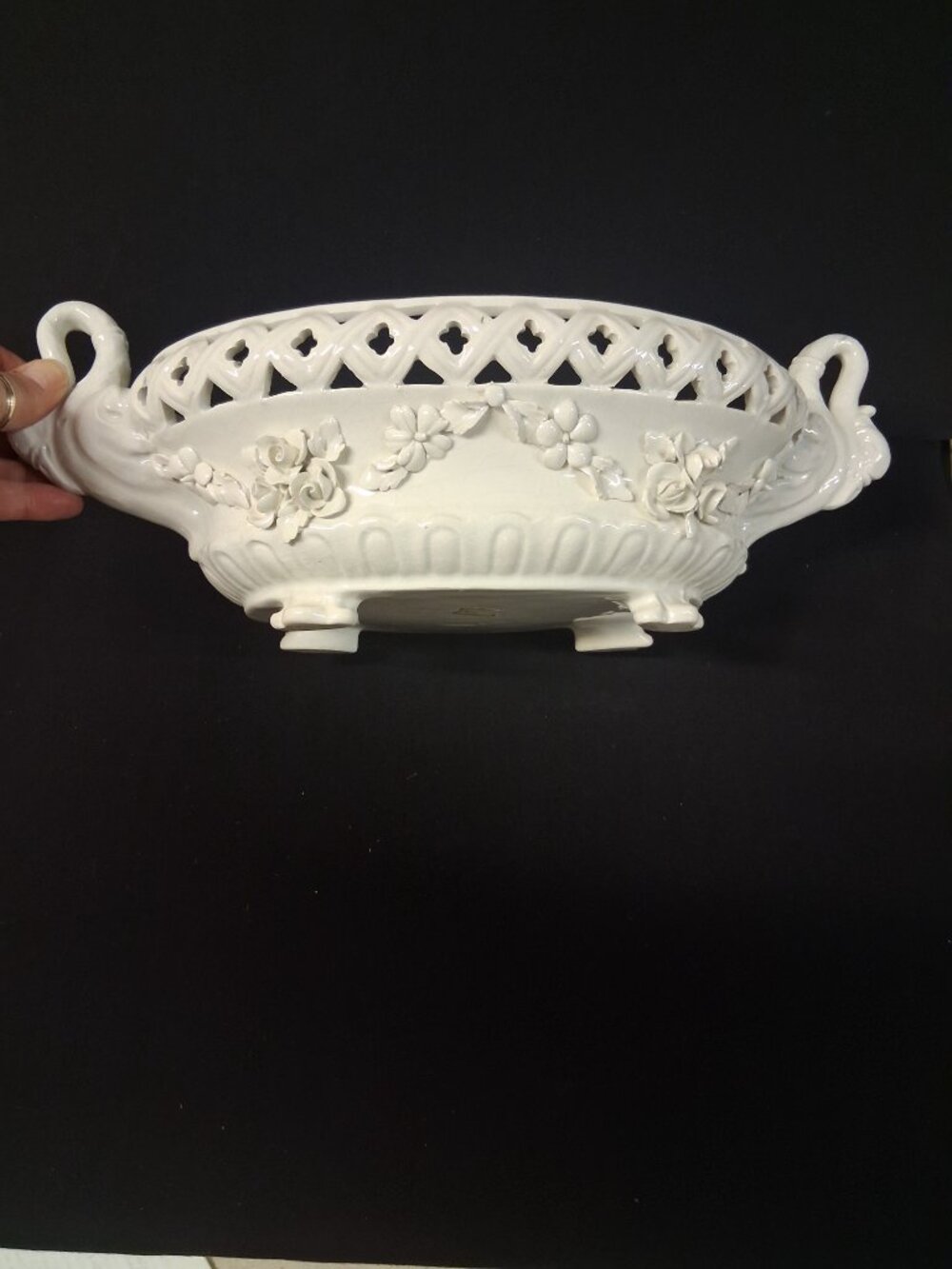 Antique English Creamware Reticulated Pierced Basket Bowl Swan Handles